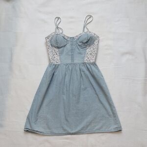 Red Tulips Women's Lace Trim Denim Mini Dress